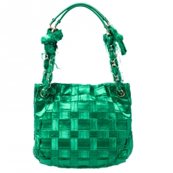 Pre Owned Lanvin Green Woven Satin Happy Flap Shoulder Bag
