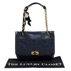 Pre Owned Lanvin Navy Blue Leopard Print Leather Medium Happy Shoulder Bag