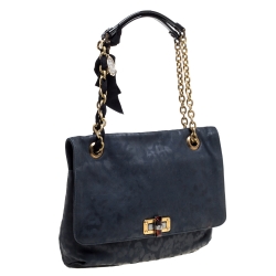 Pre Owned Lanvin Navy Blue Leopard Print Leather Medium Happy Shoulder Bag