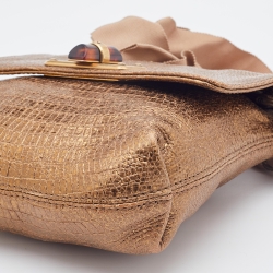 Lanvin Metallic Gold Croc Embossed Leather Flap Shoulder Bag