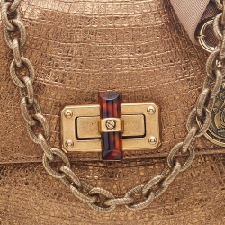 Lanvin Metallic Gold Croc Embossed Leather Flap Shoulder Bag