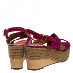 Pre Owned Lanvin Tricolor Satin Espadrille Wedge Platform Ankle Strap Sandals Size 41