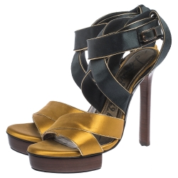 Pre Owned Lanvin Yellow/Black Satin Platform Sandals Size 38.5