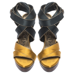 Pre Owned Lanvin Yellow/Black Satin Platform Sandals Size 38.5
