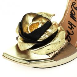 Lanvin Frame Wedge Metallic Leather Flower Embellished Sandals Size 36