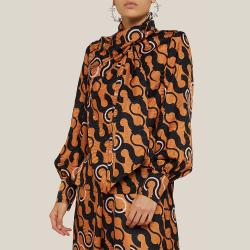 Pre Owned LAYEUR Brown Fine Printed Scarf-Neck Blouse FR 50