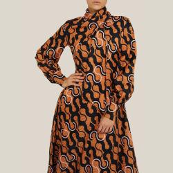 Pre Owned LAYEUR Brown Lee Scarf Neck Printed Cotton-Silk Dress FR 40
