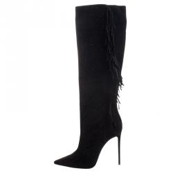 Pre Owned Le Silla Black Fringed Suede Tiny Velour Knee Length Boots Size 38.5