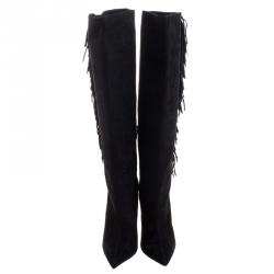 Pre Owned Le Silla Black Fringed Suede Tiny Velour Knee Length Boots Size 38.5