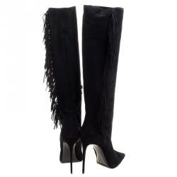 Pre Owned Le Silla Black Fringed Suede Tiny Velour Knee Length Boots Size 38.5