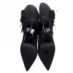 Pre Owned Le Silla Black Fringed Suede Tiny Velour Knee Length Boots Size 38.5