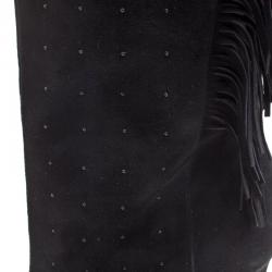 Pre Owned Le Silla Black Fringed Suede Tiny Velour Knee Length Boots Size 38.5