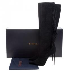 Pre Owned Le Silla Black Fringed Suede Tiny Velour Knee Length Boots Size 38.5