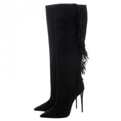 Pre Owned Le Silla Black Fringed Suede Tiny Velour Knee Length Boots Size 40