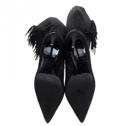 Pre Owned Le Silla Black Fringed Suede Tiny Velour Knee Length Boots Size 40