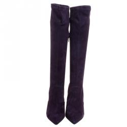 Pre Owned Le Silla Purple Stretch Velour Knee High Pointed Toe Boots Size 38.5