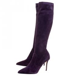Pre Owned Le Silla Purple Stretch Velour Knee High Pointed Toe Boots Size 38.5