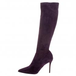 Pre Owned Le Silla Purple Stretch Velour Knee High Pointed Toe Boots Size 37.5
