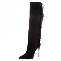 Pre Owned Le Silla Black Fringed Suede Tiny Velour Knee Length Boots Size 39