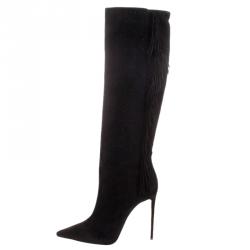 Pre Owned Le Silla Black Fringed Suede Tiny Velour Knee Length Boots Size 39
