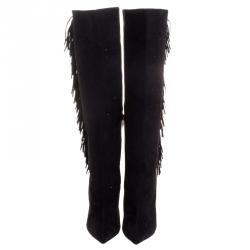Pre Owned Le Silla Black Fringed Suede Tiny Velour Knee Length Boots Size 39