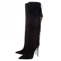 Pre Owned Le Silla Black Fringed Suede Tiny Velour Knee Length Boots Size 39