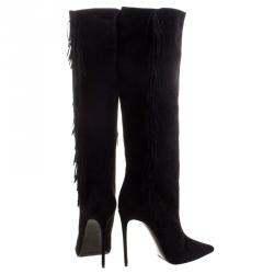 Pre Owned Le Silla Black Fringed Suede Tiny Velour Knee Length Boots Size 39