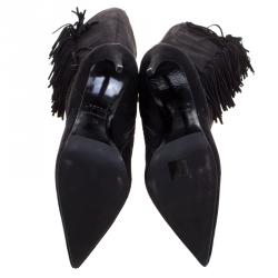 Pre Owned Le Silla Black Fringed Suede Tiny Velour Knee Length Boots Size 39