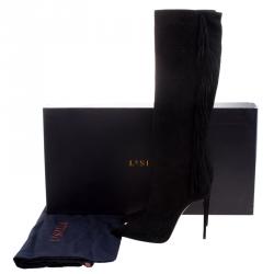 Pre Owned Le Silla Black Fringed Suede Tiny Velour Knee Length Boots Size 39