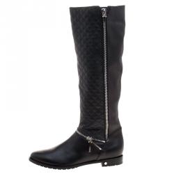 Pre Owned Le Silla Black Quilted Leather Zip Detail Biker Boots Size 41