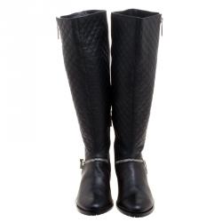 Pre Owned Le Silla Black Quilted Leather Zip Detail Biker Boots Size 41