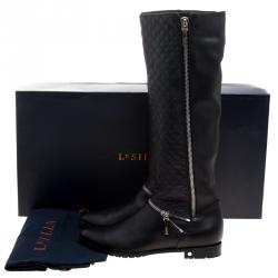 Pre Owned Le Silla Black Quilted Leather Zip Detail Biker Boots Size 41