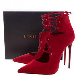 Pre Owned Le Silla Red Suede Lace Up Pointed Toe Ankle Boots Size 40