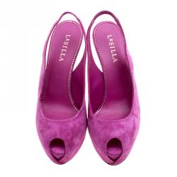 Pre Owned Le Silla Fuchsia Pink Suede Peep Toe Crystal Embellished Heel Platform Slingback Sandals Size 41