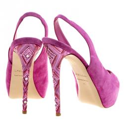 Pre Owned Le Silla Fuchsia Pink Suede Peep Toe Crystal Embellished Heel Platform Slingback Sandals Size 41