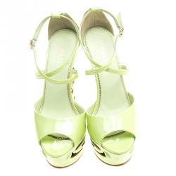 Le Silla Pistachio Green Patent Leather Butterfly Wedge Sandals Size 38