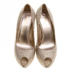 Pre Owned Le Silla Metallic Beige Crystal Embellished Leather Peep Toe Platform Pumps Size 38