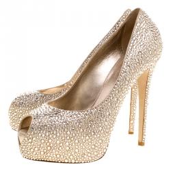 Pre Owned Le Silla Metallic Beige Crystal Embellished Leather Peep Toe Platform Pumps Size 38