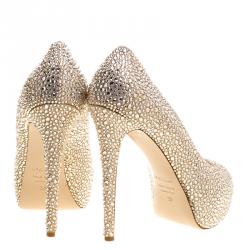 Pre Owned Le Silla Metallic Beige Crystal Embellished Leather Peep Toe Platform Pumps Size 38