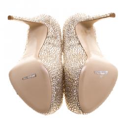 Pre Owned Le Silla Metallic Beige Crystal Embellished Leather Peep Toe Platform Pumps Size 38