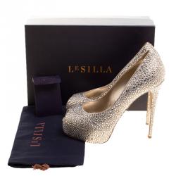Pre Owned Le Silla Metallic Beige Crystal Embellished Leather Peep Toe Platform Pumps Size 38