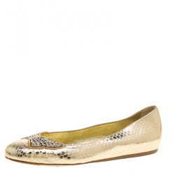 Le Silla Metallic Gold Snake Embossed Leather Butterfly Crystal Embellished Motif Ballet Flats Size 36