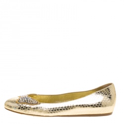 Le Silla Metallic Gold Snake Embossed Leather Butterfly Crystal Embellished Motif Ballet Flats Size 36