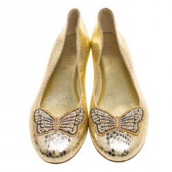 Le Silla Metallic Gold Snake Embossed Leather Butterfly Crystal Embellished Motif Ballet Flats Size 36