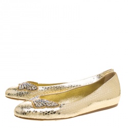 Le Silla Metallic Gold Snake Embossed Leather Butterfly Crystal Embellished Motif Ballet Flats Size 36