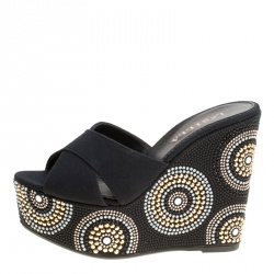 Le Silla Black Canvas Embellished Wedge Platform Cross Strap Slides Size 36