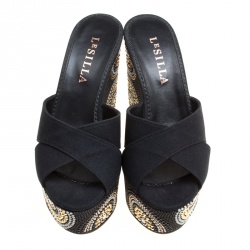 Le Silla Black Canvas Embellished Wedge Platform Cross Strap Slides Size 36