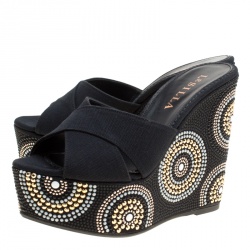 Le Silla Black Canvas Embellished Wedge Platform Cross Strap Slides Size 36
