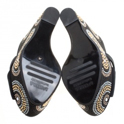 Le Silla Black Canvas Embellished Wedge Platform Cross Strap Slides Size 36