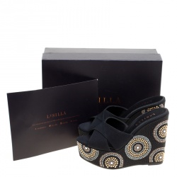 Le Silla Black Canvas Embellished Wedge Platform Cross Strap Slides Size 36
